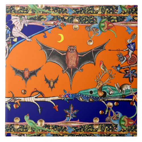 MEDIEVAL BESTIARYFLYING BATS FOREST ANIMAL Orange Ceramic Tile