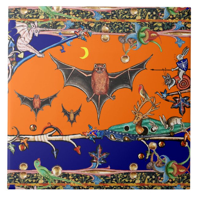 MEDIEVAL BESTIARY,FLYING BATS FOREST ANIMAL Orange Ceramic Tile (Front)