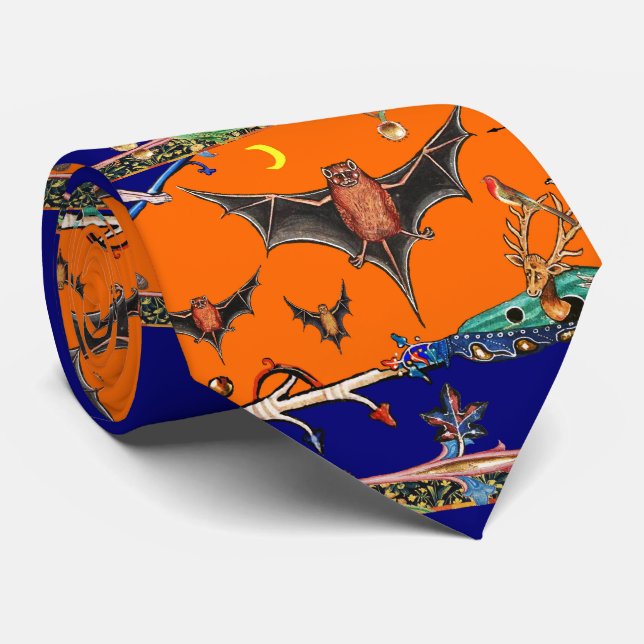 MEDIEVAL BESTIARY,FLYING BATS,FOREST ANIMAL Orange Neck Tie (Rolled)