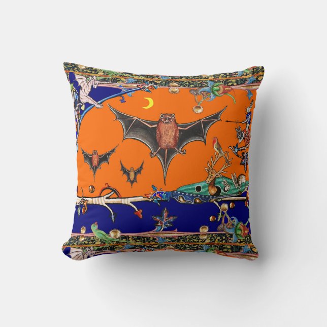 MEDIEVAL BESTIARY,FLYING BATS FOREST ANIMAL Orange Throw Pillow (Front)