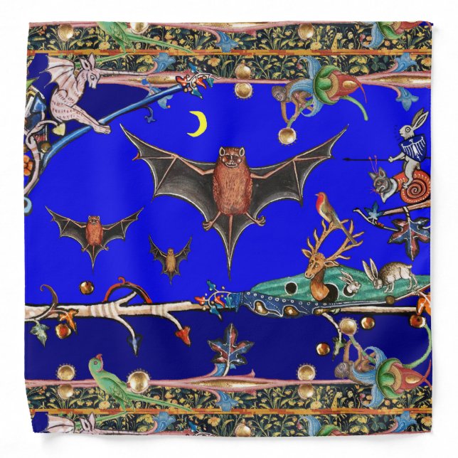 MEDIEVAL BESTIARY,FLYING BATS FOREST ANIMALS Blue Bandana (Front)