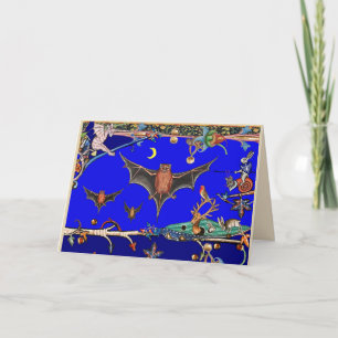 MEDIEVAL BESTIARY,FLYING BATS FOREST ANIMALS Blue Holiday Card
