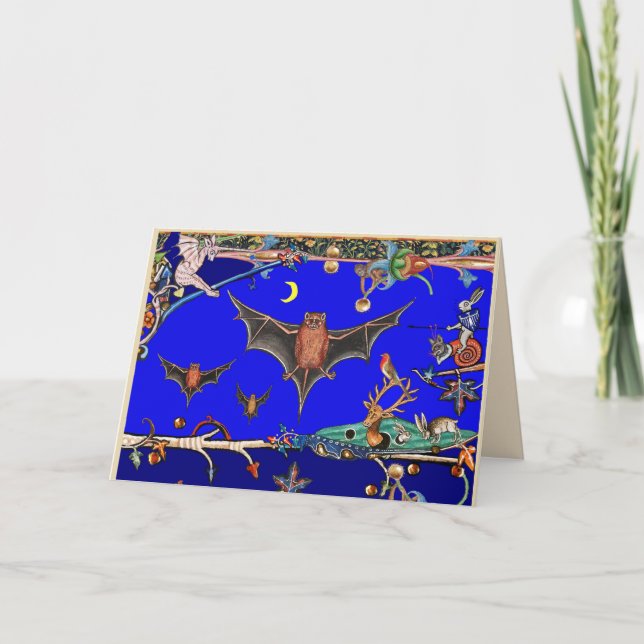 MEDIEVAL BESTIARY,FLYING BATS FOREST ANIMALS Blue Holiday Card (Front)