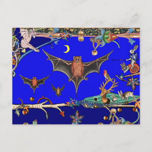 MEDIEVAL BESTIARY,FLYING BATS FOREST ANIMALS Blue Postcard