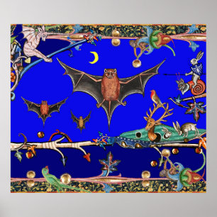 MEDIEVAL BESTIARY,FLYING BATS FOREST ANIMALS Blue Poster