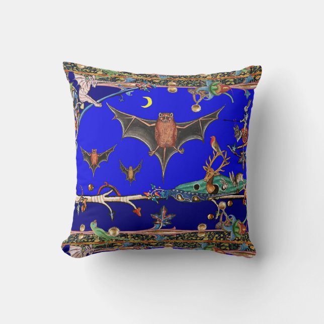 MEDIEVAL BESTIARY,FLYING BATS FOREST ANIMALS Blue Throw Pillow (Front)
