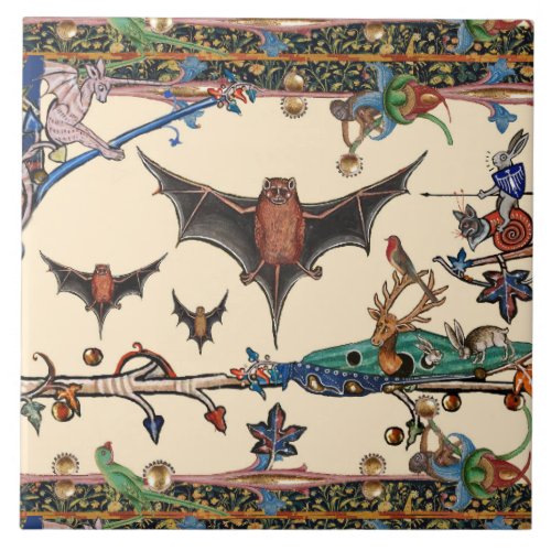 MEDIEVAL BESTIARYFLYING BATS FOREST ANIMALS Cream Ceramic Tile