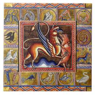 MEDIEVAL BESTIARY,GRYPHON AND WILD BOAR,ANIMALS CERAMIC TILE