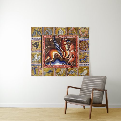MEDIEVAL BESTIARYGRYPHON AND WILD BOARANIMALS TAPESTRY