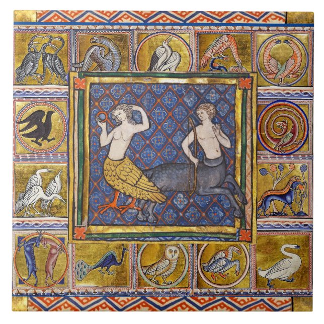 MEDIEVAL BESTIARY,HARPY AND CENTAUR,FOREST ANIMALS CERAMIC TILE (Front)
