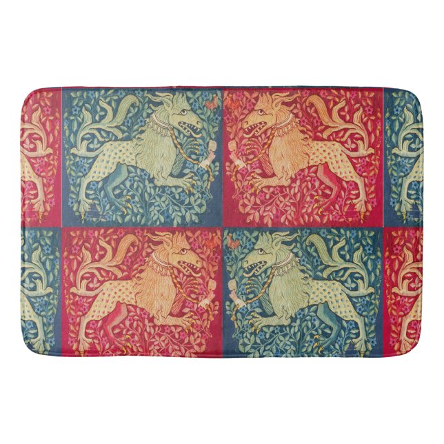 MEDIEVAL BESTIARY Lion Like Beast in Red Blue Bath Mat (Front)