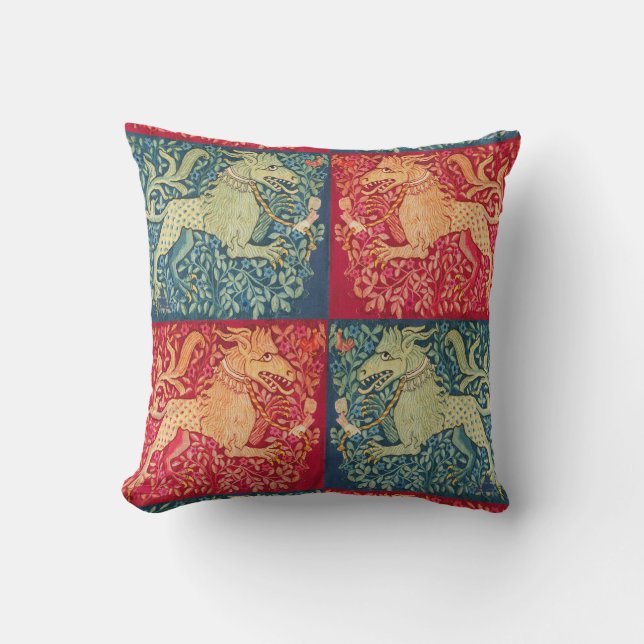 MEDIEVAL BESTIARY Lion Like Beast in Red Blue Throw Pillow (Front)