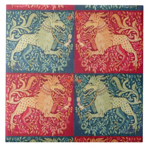 MEDIEVAL BESTIARY Lion Like Beast in Red Blue Wrap Ceramic Tile