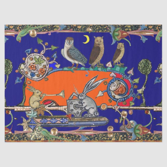 MEDIEVAL BESTIARY MAKING MUSIC Night Owls ,Rabbits Tissue Paper (Front)