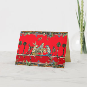 MEDIEVAL BESTIARY MAKING MUSIC,Rabbit and Dog, Red Holiday Card