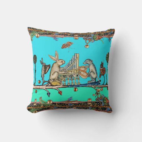 MEDIEVAL BESTIARY MAKING MUSICRabbit Dog Blue Throw Pillow