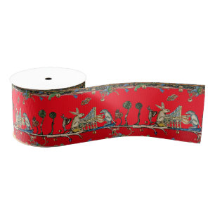 MEDIEVAL BESTIARY MAKING MUSIC,Rabbit,Dog ,Red  Grosgrain Ribbon