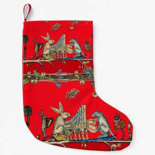 MEDIEVAL BESTIARY MAKING MUSIC,Rabbit,Dog ,Red  Small Christmas Stocking