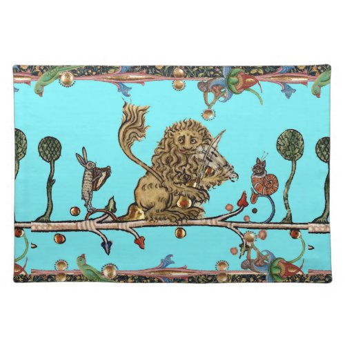 MEDIEVAL BESTIARY MAKING MUSIC Violinist Lion Blue Cloth Placemat