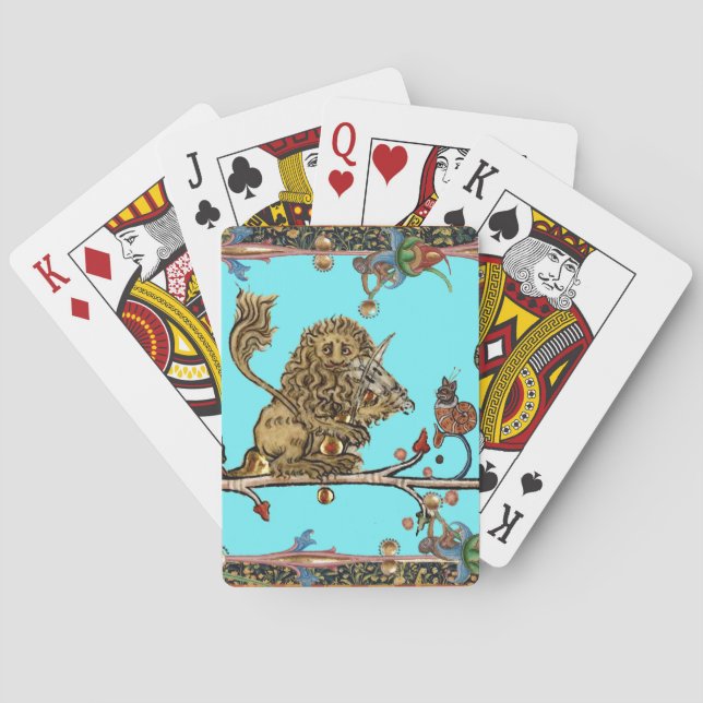 MEDIEVAL BESTIARY MAKING MUSIC Violinist Lion,Blue Poker Cards (Back)
