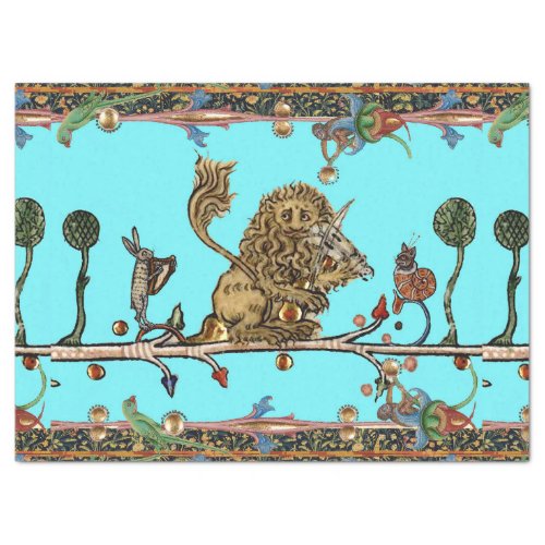 MEDIEVAL BESTIARY MAKING MUSIC Violinist Lion Blue Tissue Paper