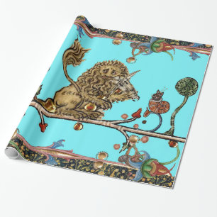 MEDIEVAL BESTIARY MAKING MUSIC Violinist Lion Blue Wrapping Paper