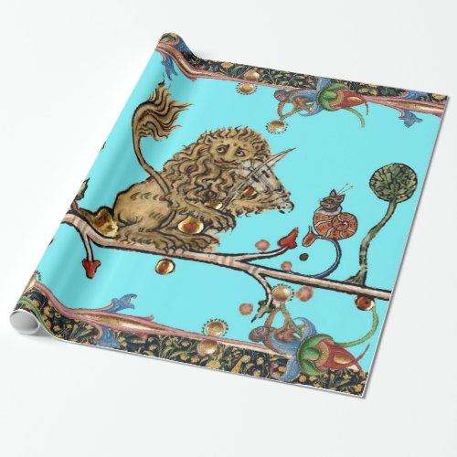 MEDIEVAL BESTIARY MAKING MUSIC Violinist Lion Blue Wrapping Paper
