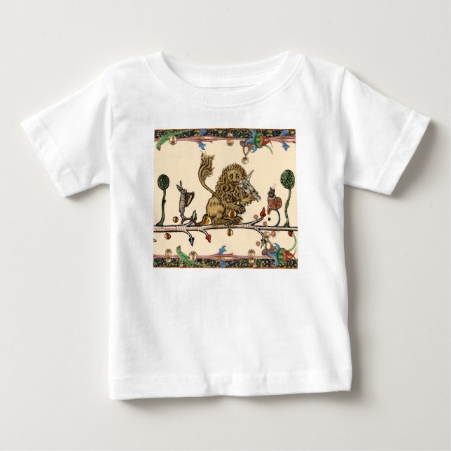 MEDIEVAL BESTIARY MAKING MUSIC Violinist Lion,Hare Baby T-Shirt (Front)