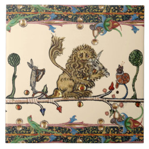 MEDIEVAL BESTIARY MAKING MUSIC Violinist Lion,Hare Ceramic Tile