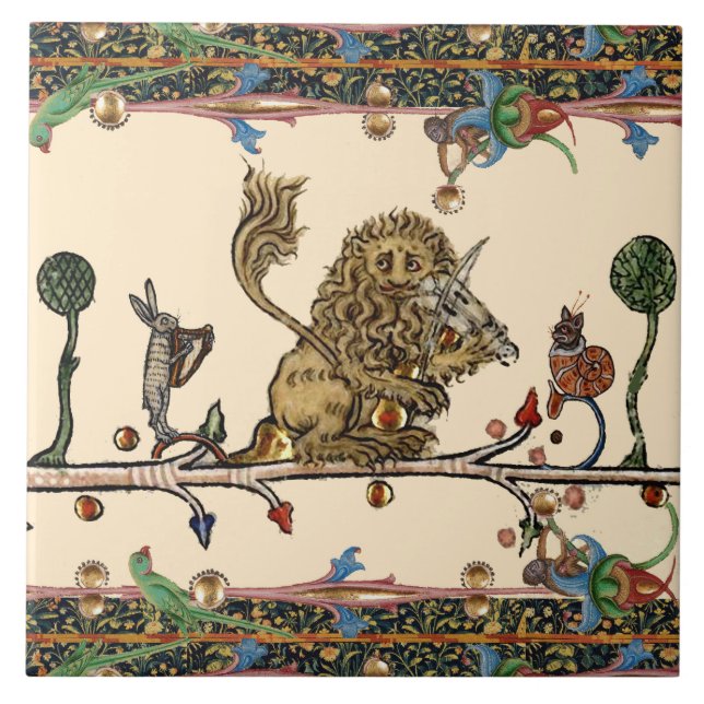 MEDIEVAL BESTIARY MAKING MUSIC Violinist Lion,Hare Ceramic Tile (Front)
