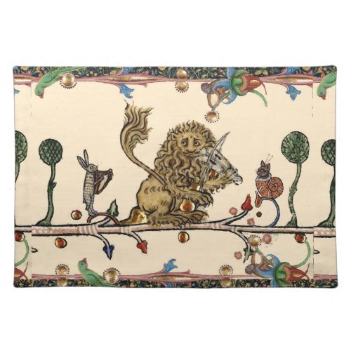MEDIEVAL BESTIARY MAKING MUSIC Violinist LionHare Cloth Placemat
