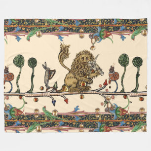 MEDIEVAL BESTIARY MAKING MUSIC Violinist Lion,Hare Fleece Blanket