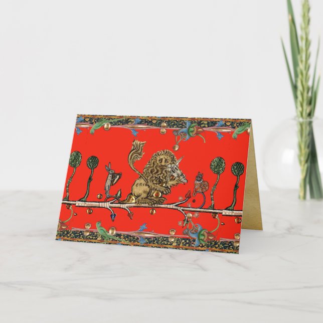 MEDIEVAL BESTIARY MAKING MUSIC Violinist Lion,Hare Holiday Card (Front)