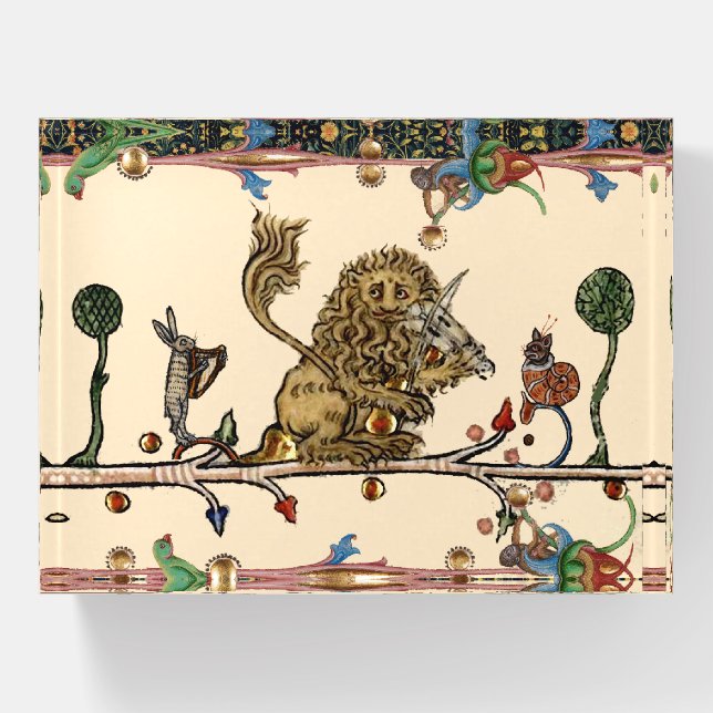 MEDIEVAL BESTIARY MAKING MUSIC Violinist Lion,Hare Paperweight (Front)