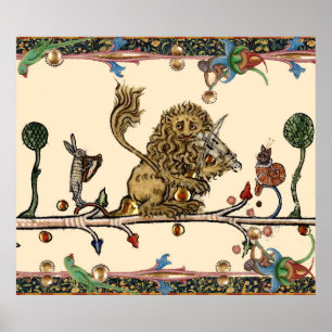 MEDIEVAL BESTIARY MAKING MUSIC Violinist Lion,Hare Poster