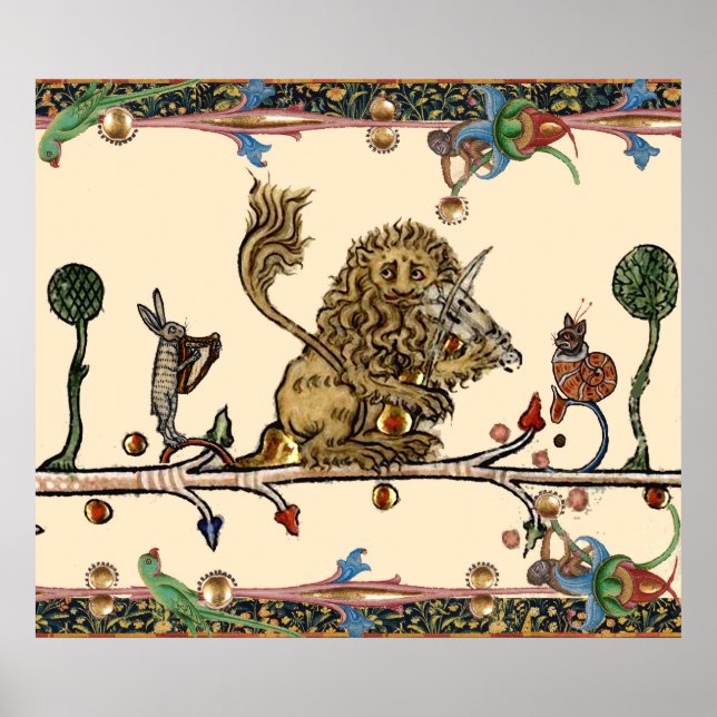 MEDIEVAL BESTIARY MAKING MUSIC Violinist Lion,Hare Poster (Front)