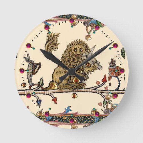 MEDIEVAL BESTIARY MAKING MUSIC Violinist LionHare Round Clock