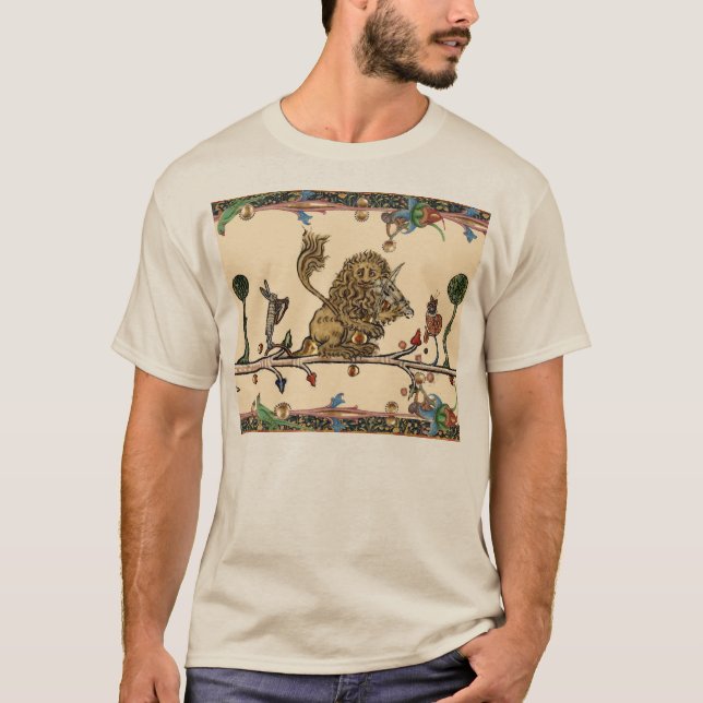 MEDIEVAL BESTIARY MAKING MUSIC Violinist Lion,Hare T-Shirt (Front)