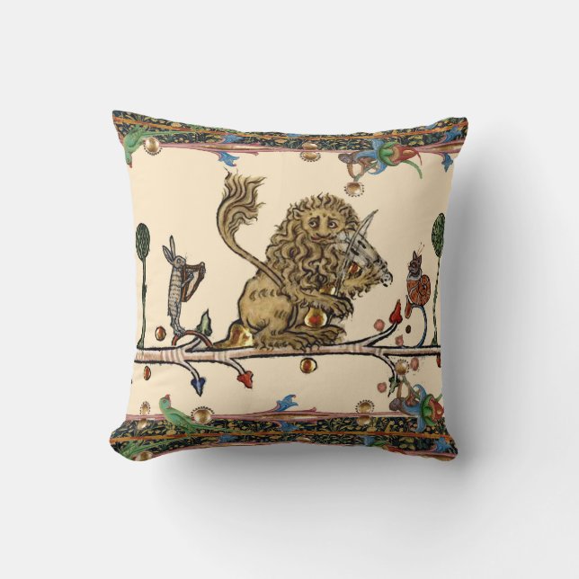 MEDIEVAL BESTIARY MAKING MUSIC Violinist Lion,Hare Throw Pillow (Front)