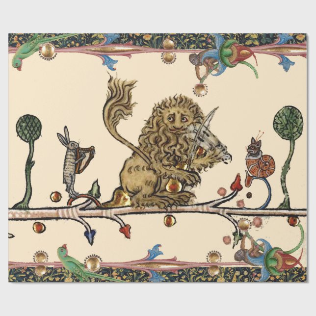 MEDIEVAL BESTIARY MAKING MUSIC Violinist Lion,Hare Wrapping Paper (Flat)