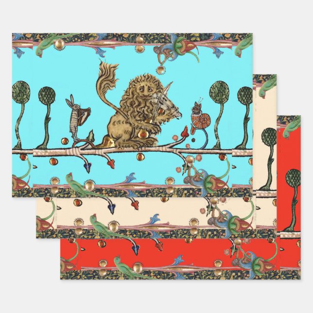 MEDIEVAL BESTIARY MAKING MUSIC Violinist Lion,Hare Wrapping Paper Sheets (Set)