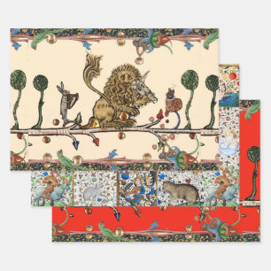 MEDIEVAL BESTIARY MAKING MUSIC Violinist Lion,Hare Wrapping Paper Sheets