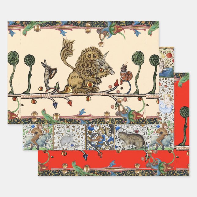 MEDIEVAL BESTIARY MAKING MUSIC Violinist Lion,Hare Wrapping Paper Sheets (Set)