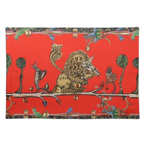 MEDIEVAL BESTIARY MAKING MUSIC Violinist Lion Red Cloth Placemat