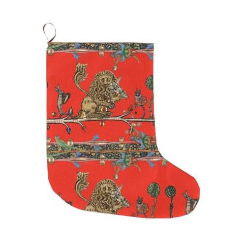 MEDIEVAL BESTIARY MAKING MUSIC Violinist Lion Red Large Christmas Stocking
