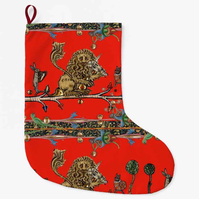 MEDIEVAL BESTIARY MAKING MUSIC Violinist Lion Red Large Christmas Stocking (Front)