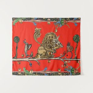 MEDIEVAL BESTIARY MAKING MUSIC Violinist Lion Red Tapestry
