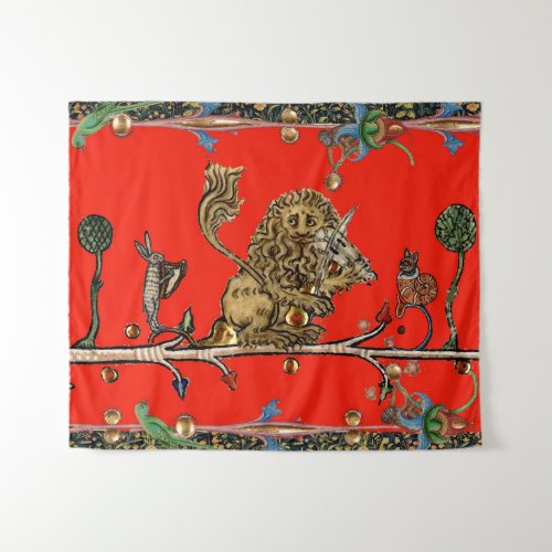 MEDIEVAL BESTIARY MAKING MUSIC Violinist Lion Red Tapestry