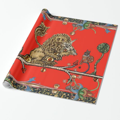 MEDIEVAL BESTIARY MAKING MUSIC Violinist Lion Red Wrapping Paper