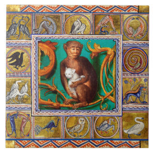 MEDIEVAL BESTIARY,MONKEY AND WHITE CAT,ANIMALS CERAMIC TILE